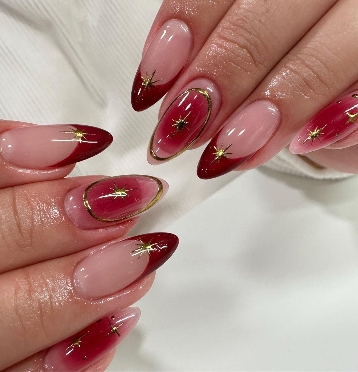 Red Pink Aura Gradient Long Oval Nails — Red Nails