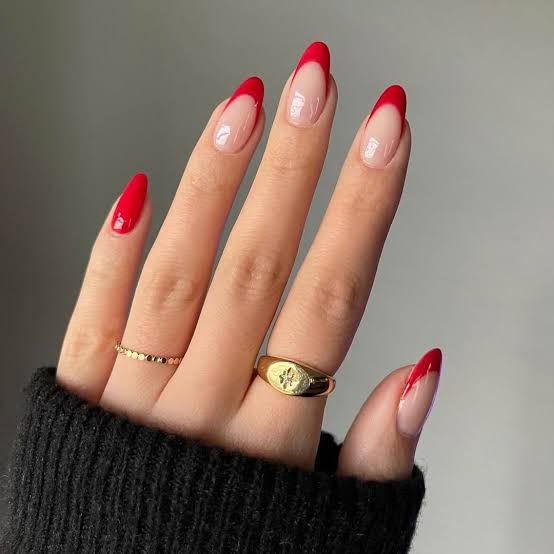 Red French Tip Medium Almond Nails — Red Nails