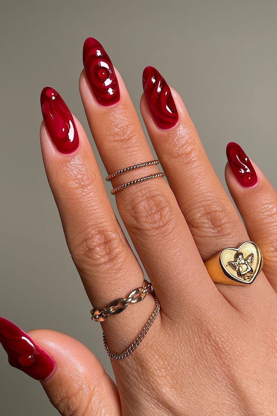 Deep Red Jelly Swirl Long Almond Nails — Red Nails
