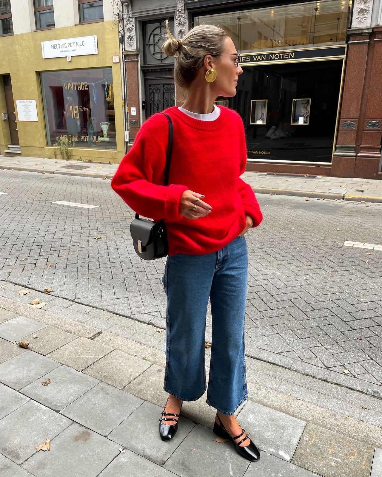 Bright Red Fuzzy Sweater With Wide Leg Jeans Bright Red Fuzzy Sweater With Wide Leg Jeans — Red Sweater Outfit