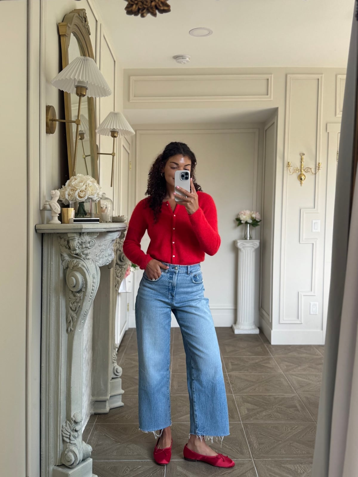 Fitted Red Button-Up Cardigan With Wide Leg Jeans Fitted Red Button-Up Cardigan With Wide Leg Jeans — Red Sweater Outfit