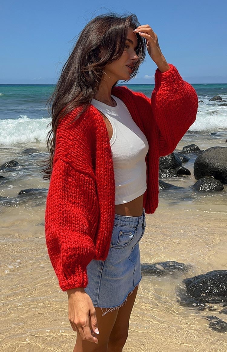 Red Chunky Knit Cropped Cardigan With Denim Mini, Office-Safe Version Red Chunky Knit Cropped Cardigan With Denim Mini, Office-Safe Version — Red Sweater Outfit