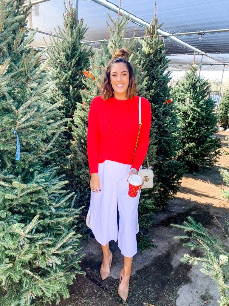 Red Sweater With White Wide Leg Culottes and Nude Pointed-Toe Pumps Red Sweater With White Wide Leg Culottes and Nude Pointed-Toe Pumps — Red Sweater Outfit