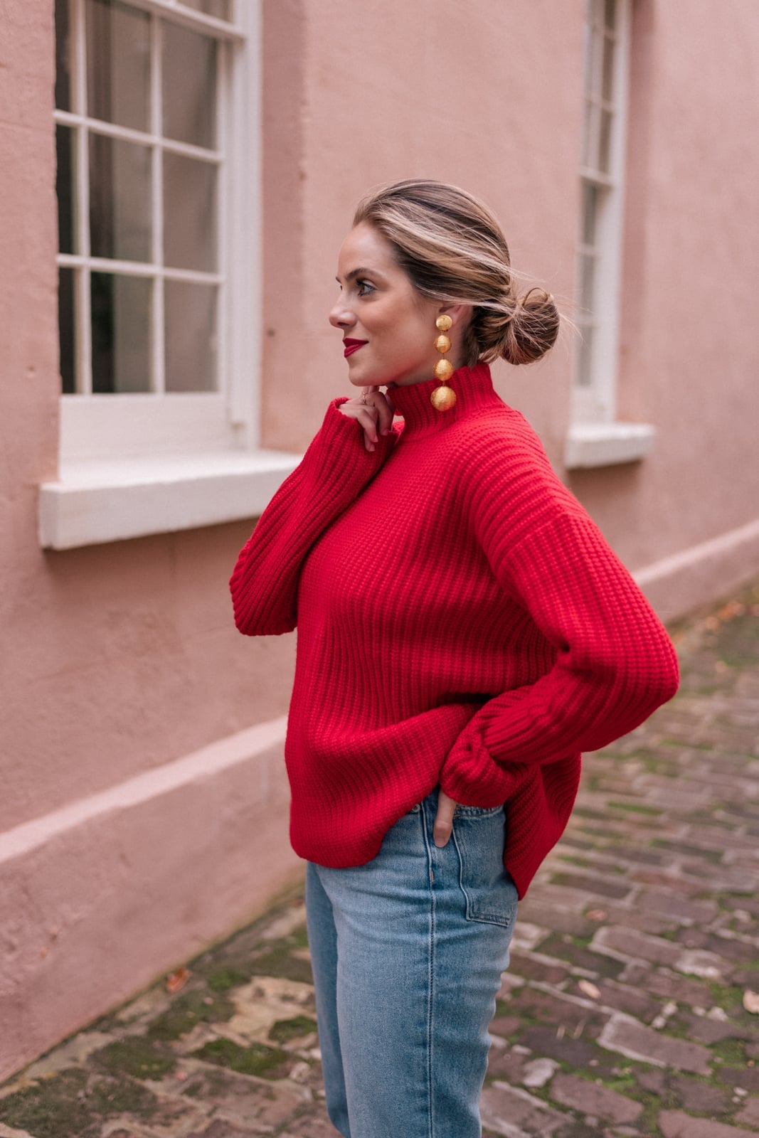 Red Ribbed Knit Turtleneck With Straight Leg Jeans Red Ribbed Knit Turtleneck With Straight Leg Jeans — Red Sweater Outfit