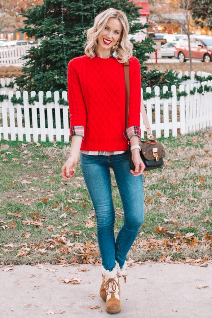Red Cable-Knit Sweater With Plaid Shirt and Skinny, Close-Up Take Red Cable-Knit Sweater With Plaid Shirt and Skinny, Close-Up Take — Red Sweater Outfit