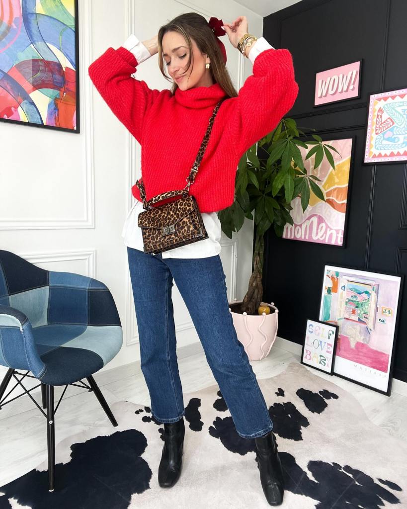 Red Turtleneck Sweater With White Shirt and Blue Jeans Red Turtleneck Sweater With White Shirt and Blue Jeans — Red Sweater Outfit