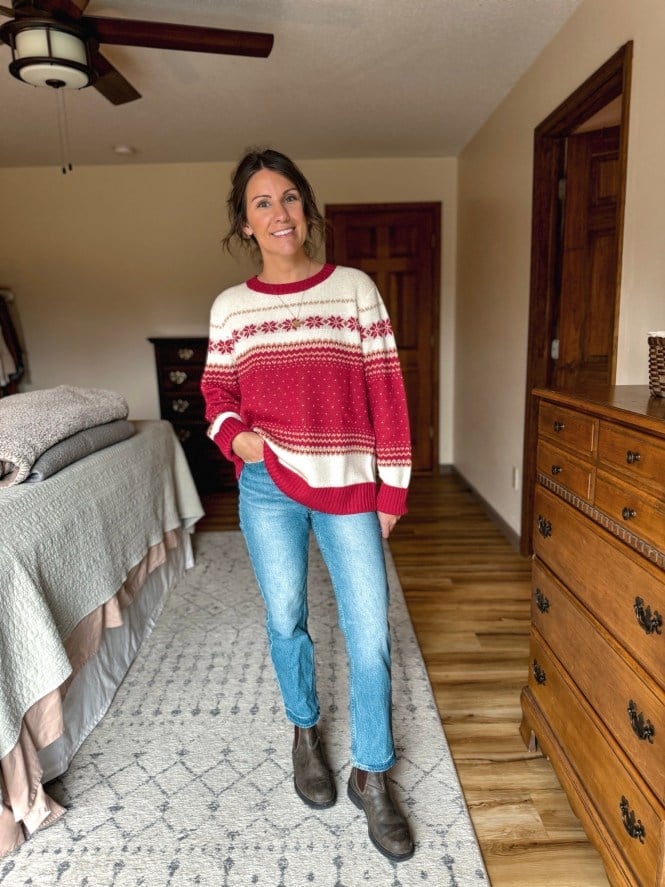 Red And White Fair Isle Sweater With Light Wash Jeans Red And White Fair Isle Sweater With Light Wash Jeans — Red Sweater Outfit