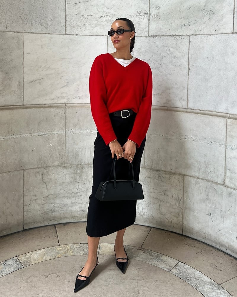 Red V-Neck Sweater Layered Over White T-Shirt With Pencil Skirt Red V-Neck Sweater Layered Over White T-Shirt With Pencil Skirt — Red Sweater Outfit