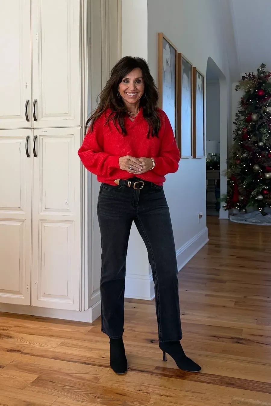 Relaxed Red Knit Sweater With Gray Straight Leg Jeans Relaxed Red Knit Sweater With Gray Straight Leg Jeans — Red Sweater Outfit