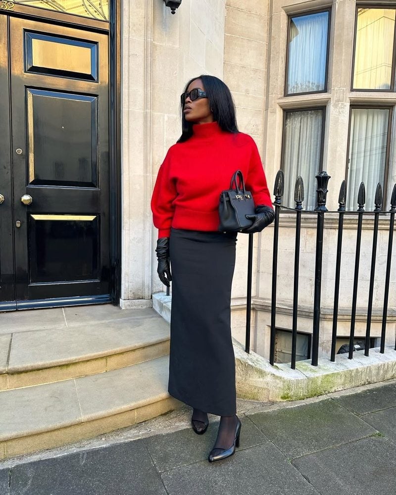 Red Turtleneck Sweater With Black Maxi Skirt Red Turtleneck Sweater With Black Maxi Skirt — Red Sweater Outfit