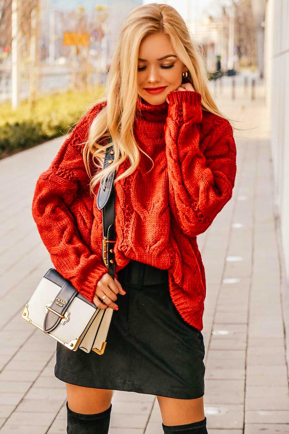 Chunky Red Cable Knit Sweater With Black Mini Skirt Chunky Red Cable Knit Sweater With Black Mini Skirt — Red Sweater Outfit