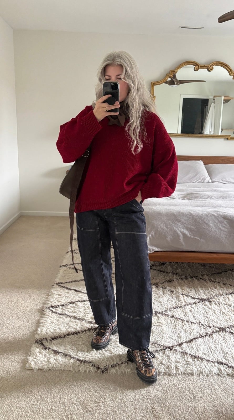 Oversized Red V-Neck Sweater With Black Wide Leg Denim Oversized Red V-Neck Sweater With Black Wide Leg Denim — Red Sweater Outfit