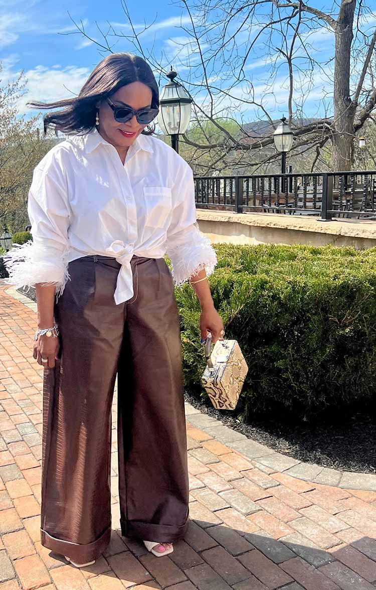 Brown Leather Pants and a Feathered Shirt for Casual Dining — Restaurant Outfit