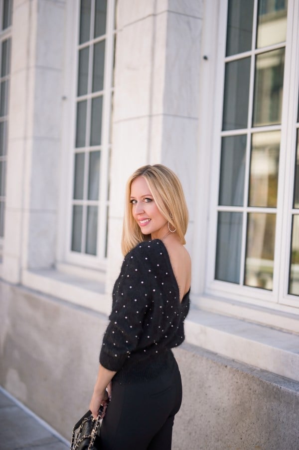 A Sparkly Fuzzy Knit Off-Shoulder Top Elevates a Black Trouser Look — Restaurant Outfit