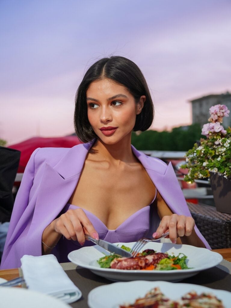 An Oversized Purple Blazer Adds Polish to a Fitted Top — Restaurant Outfit