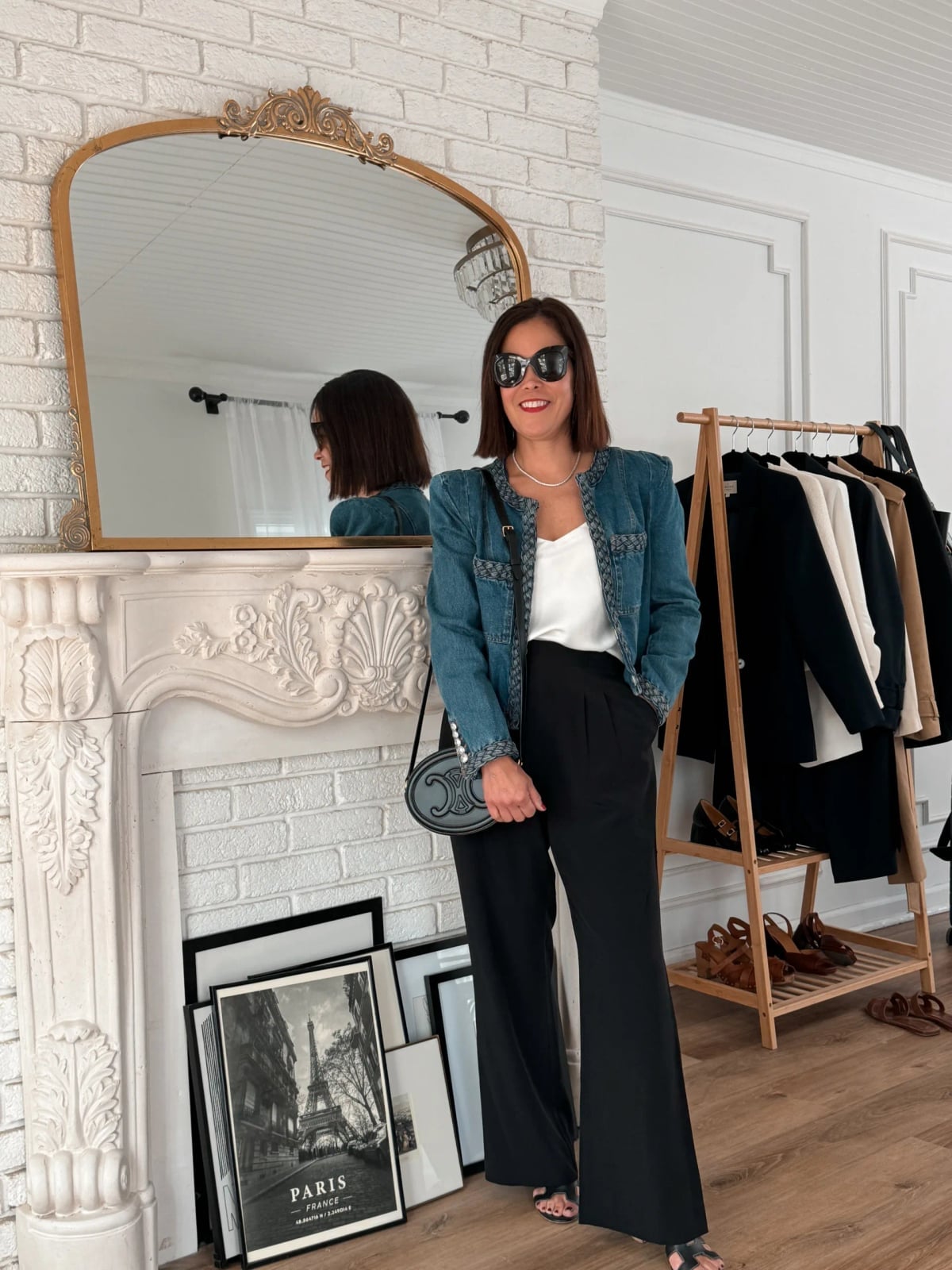 Cropped Denim Jacket Over a White Camisole and Black Wide-Leg Trousers — Restaurant Outfit