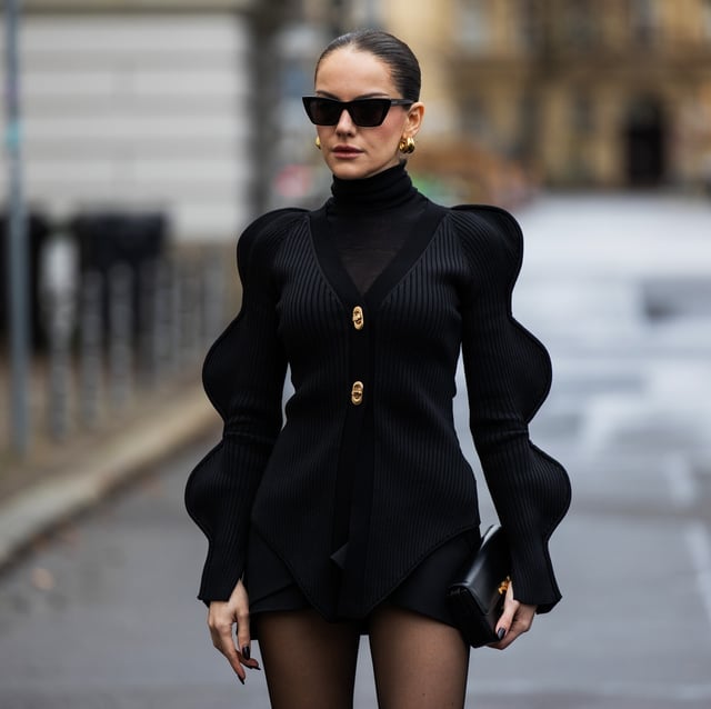 Black Cardigan with Exaggerated Puff Sleeves, Office-Safe Version — Restaurant Outfit