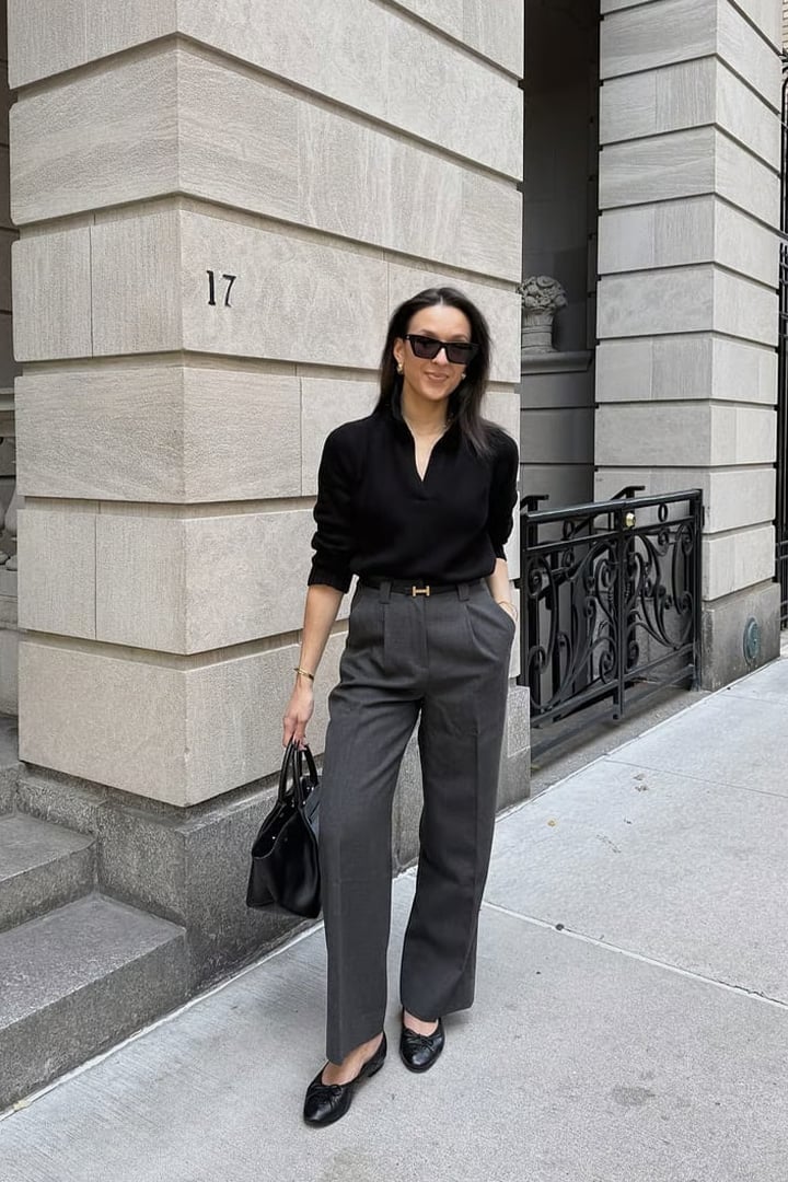 Wide Leg Gray Trousers Pair with a Black Knit Top for a Chic — Restaurant Outfit