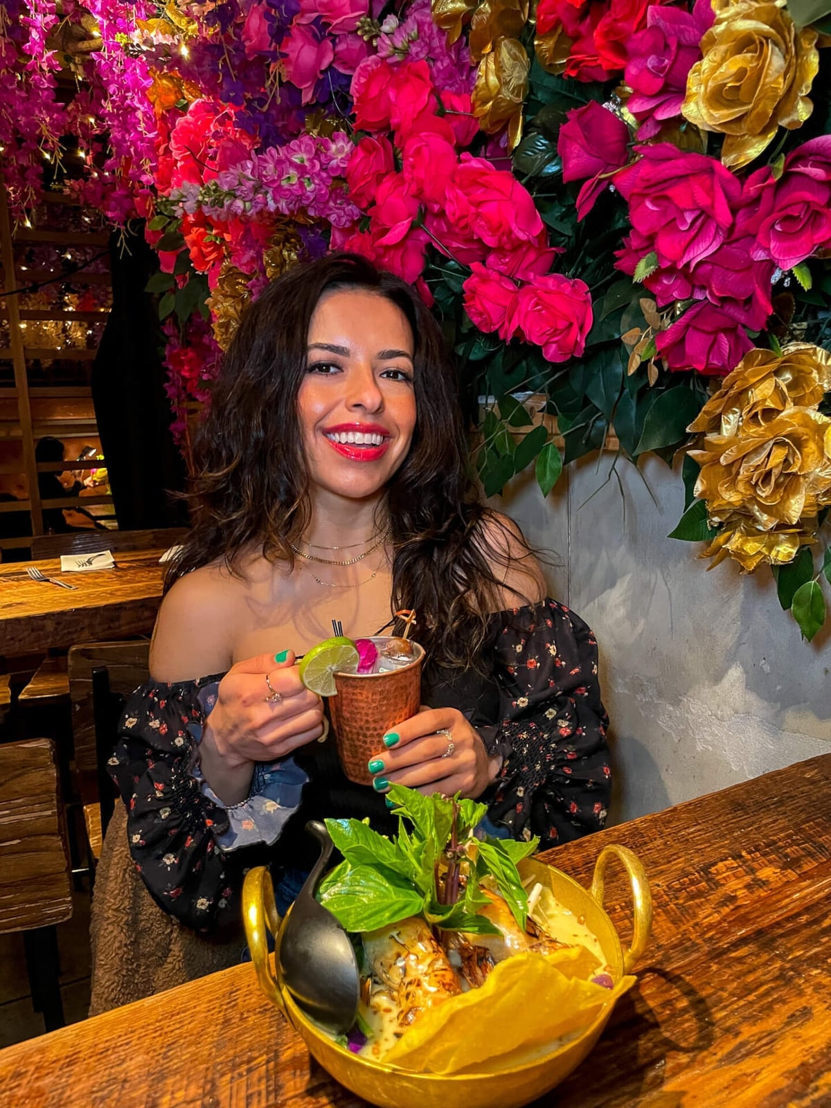 Floral Print Off-The-Shoulder Top with Puff Sleeves Styled — Restaurant Outfit