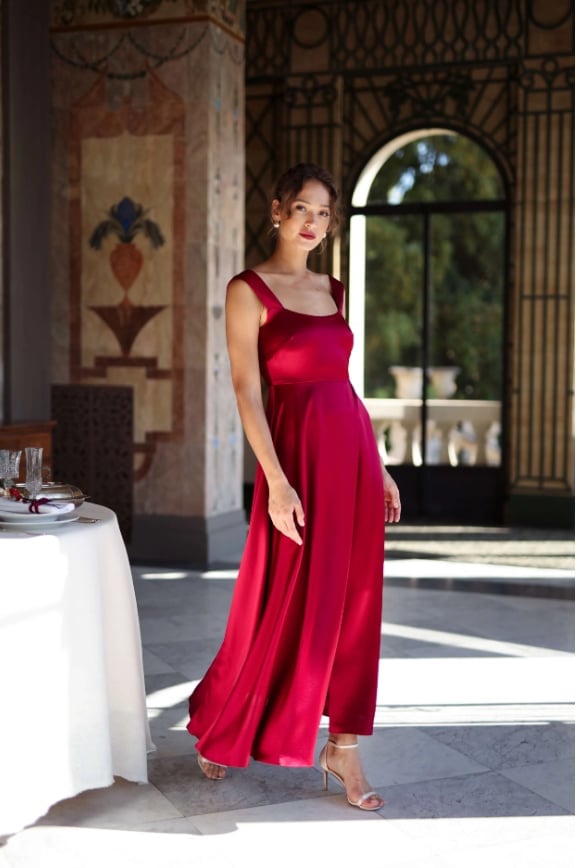 A Deep Pink Satin Maxi Dress Is Ideal for Formal Dining — Restaurant Outfit