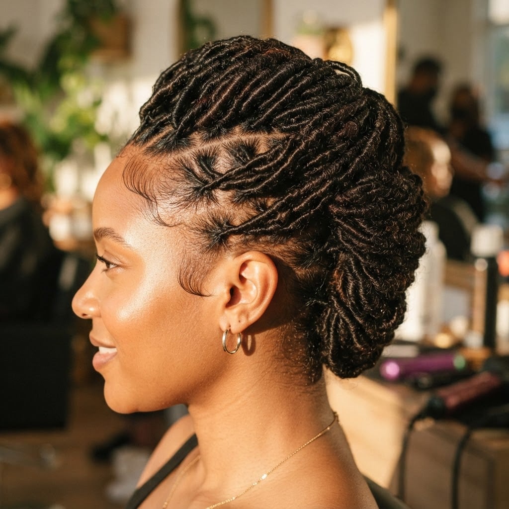 High Bun With Geometric Nape Parting, Close-Up Take — Retwist Locs