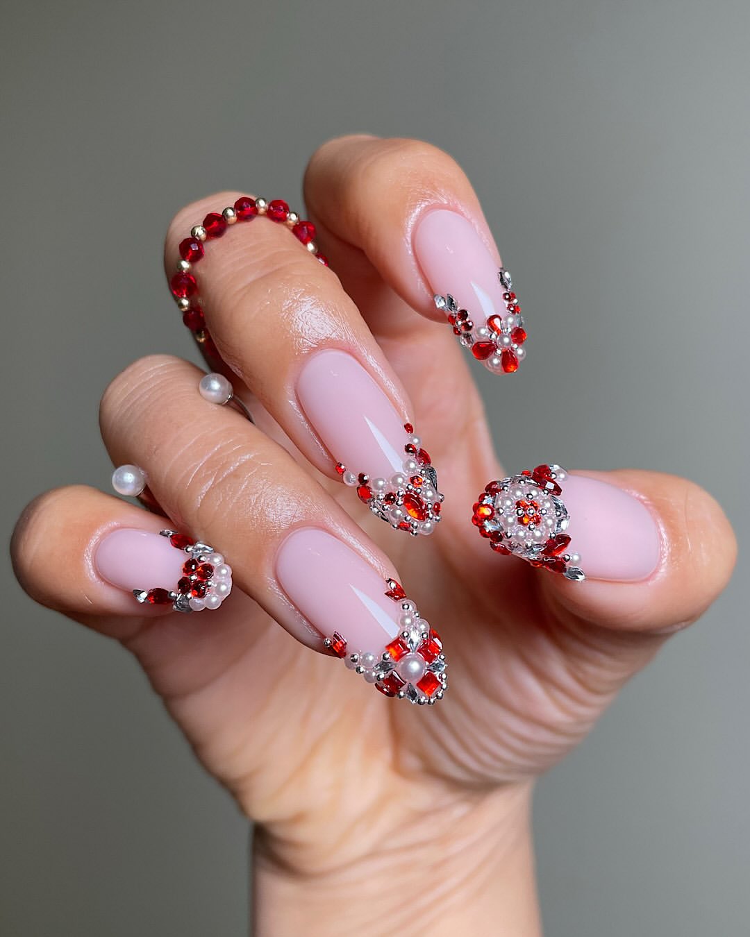 Rhinestone Encrusted Red French Tip Almond Nails