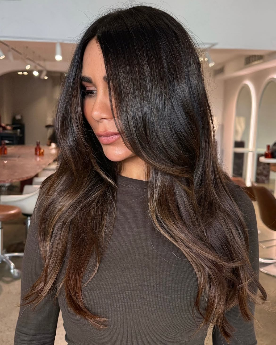 Rich Espresso Long Layers With Face Framing Bangs