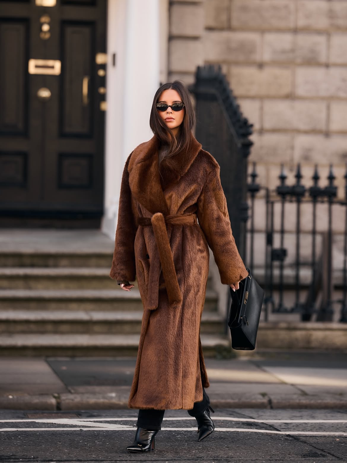 Rich Faux Fur Maxi Coat With Sleek Black Trousers