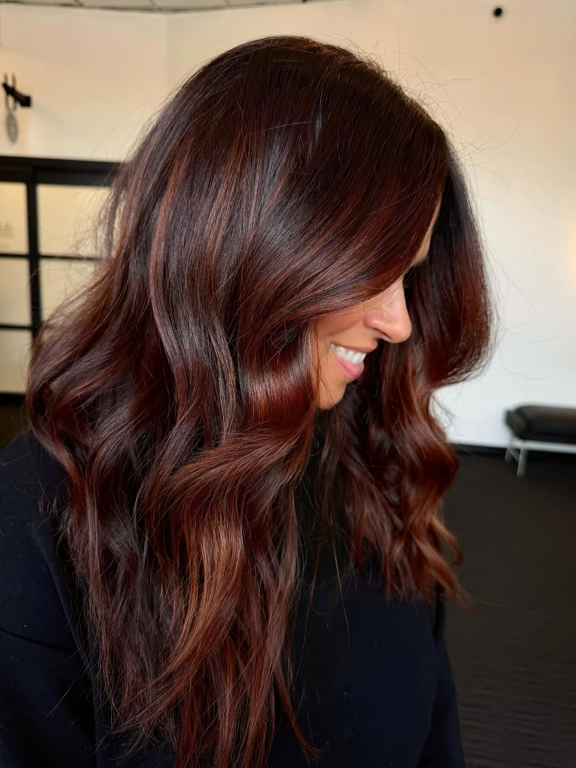 Rich Mahogany Brown Waves With Soft Face Framing Layers