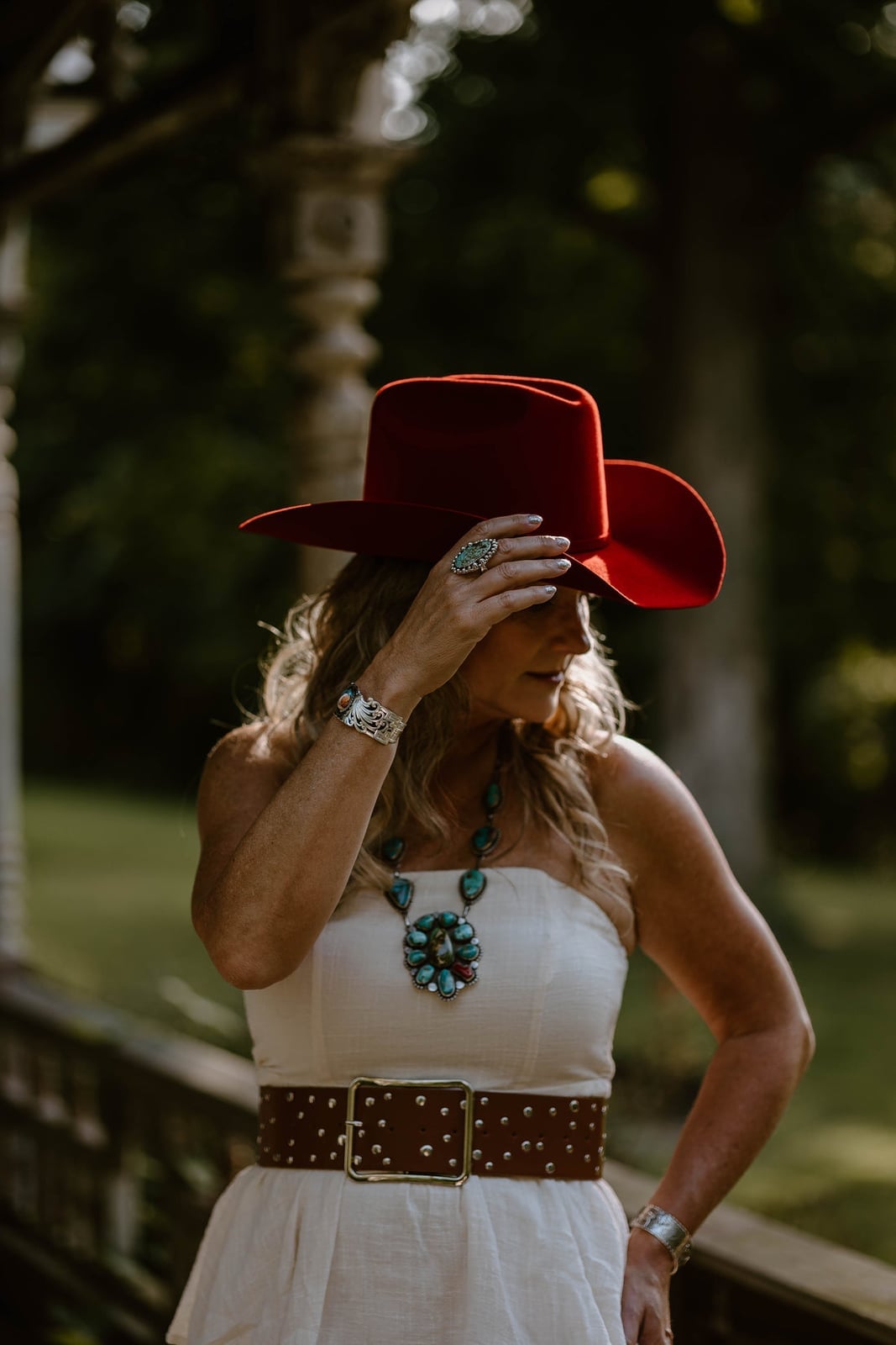 Strapless Dress With Turquoise Statement Jewelry, Close-Up Take Strapless Dress With Turquoise Statement Jewelry, Close-Up Take — Rodeo Outfits for Women