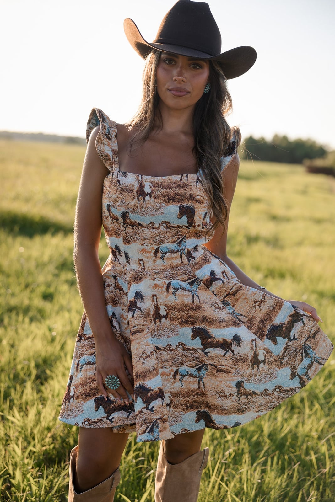 Horse Print Mini Dress With Cowboy Boots and Textured Woven Fabric Horse Print Mini Dress With Cowboy Boots and Textured Woven Fabric — Rodeo Outfits for Women