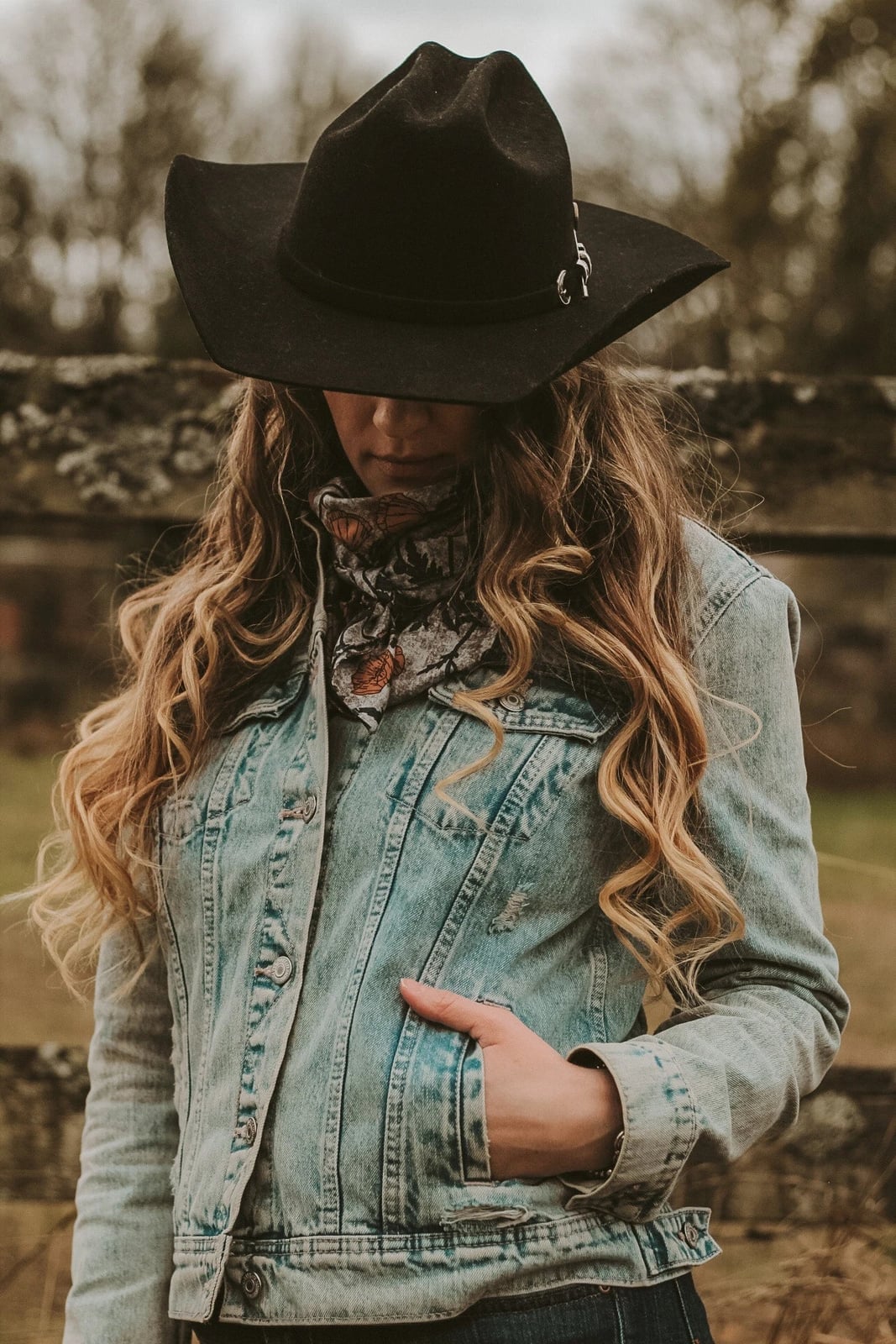 Denim Jacket With Patterned Scarf and Black Hat Denim Jacket With Patterned Scarf and Black Hat — Rodeo Outfits for Women