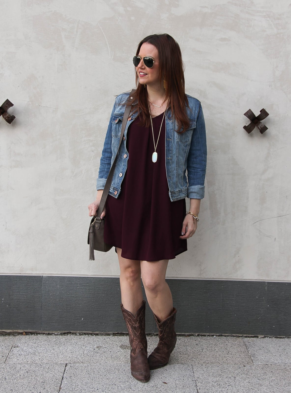 Denim Jacket Over Burgundy A-Line Dress With Brown Cowboy Boots Denim Jacket Over Burgundy A-Line Dress With Brown Cowboy Boots — Rodeo Outfits for Women