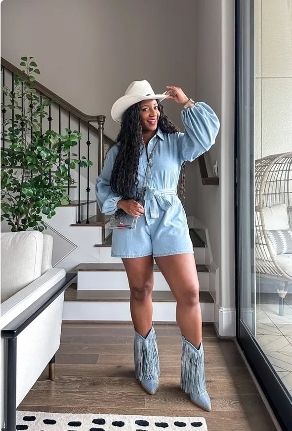 Denim Romper With Sparkly Fringe Boots Denim Romper With Sparkly Fringe Boots — Rodeo Outfits for Women