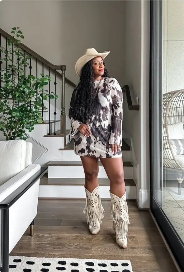 Cow Print Mini Dress With Fringe Boots Cow Print Mini Dress With Fringe Boots — Rodeo Outfits for Women
