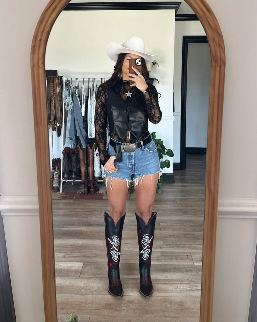 Lace Top, Leather Vest, And Denim Shorts Lace Top, Leather Vest, And Denim Shorts — Rodeo Outfits for Women
