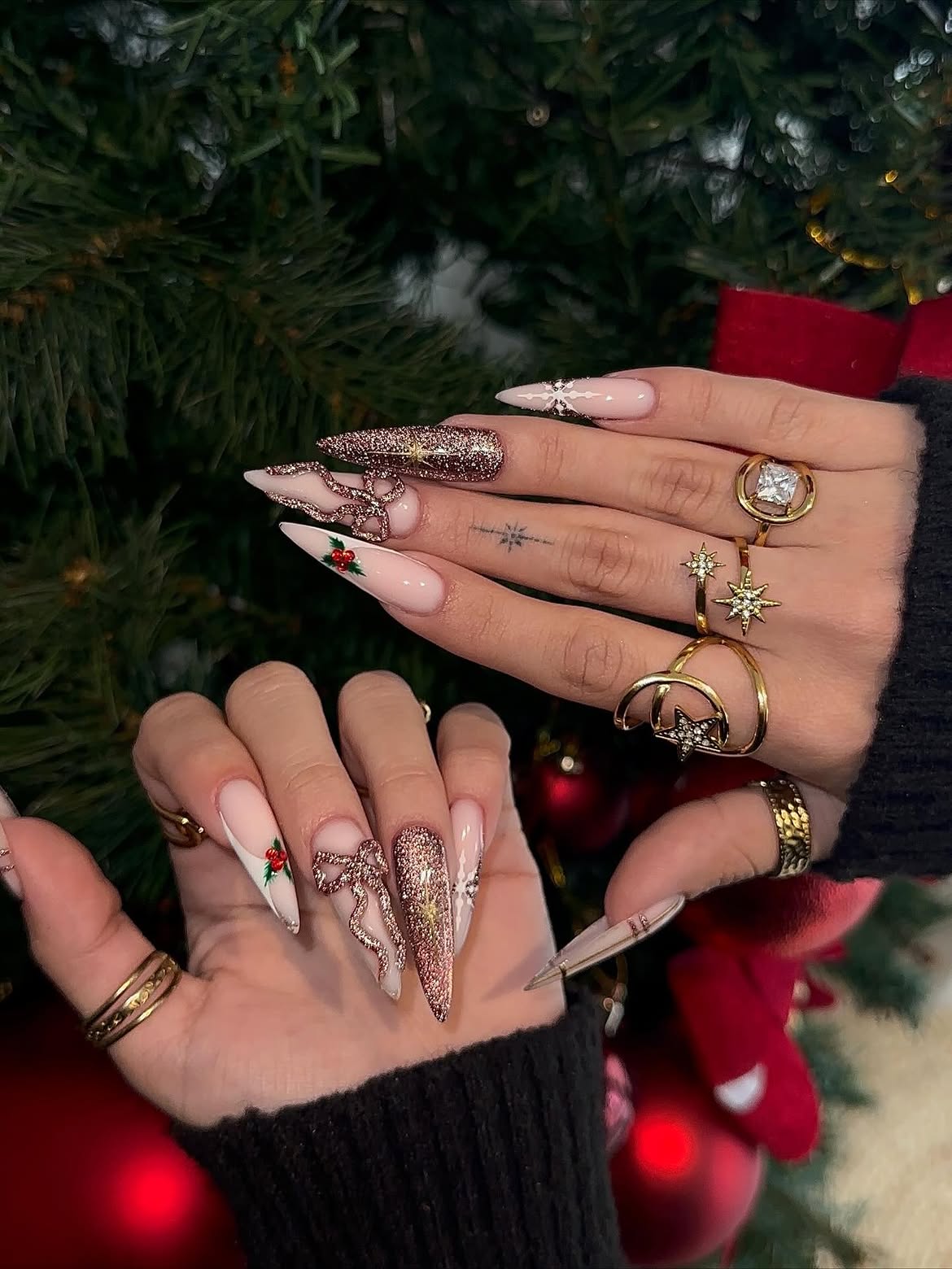 Rose Gold Glitter Bow French Tip Christmas Nails