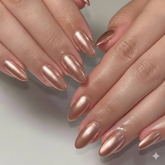 Medium Almond Rose Gold Chrome Nails Medium Almond Rose Gold Chrome Nails — Rose Gold Nails