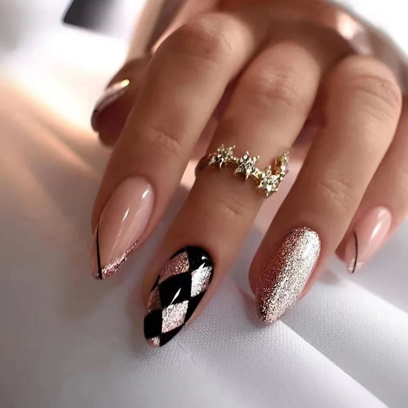 Medium Almond Sheer Pink Checkerboard Glitter Medium Almond Sheer Pink Checkerboard Glitter — Rose Gold Nails