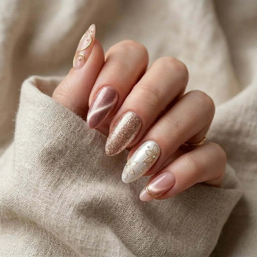 Medium Almond Nude Pink Cat-Eye Glitter Foil Medium Almond Nude Pink Cat-Eye Glitter Foil — Rose Gold Nails
