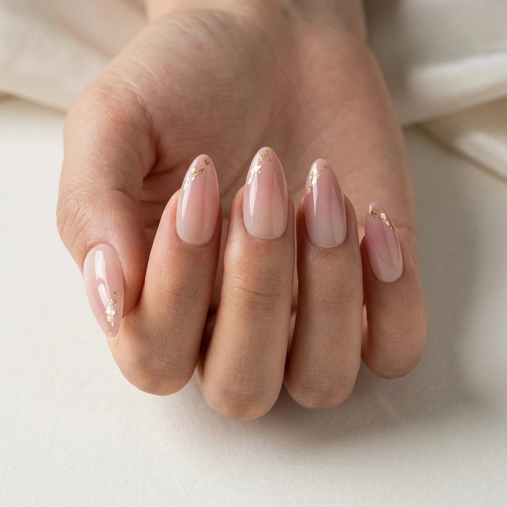 Medium Almond Nude Pink Ombre Gold Flakes Medium Almond Nude Pink Ombre Gold Flakes — Rose Gold Nails
