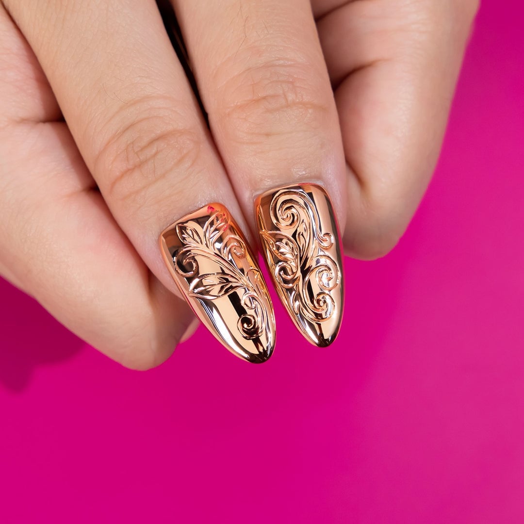 Short Stiletto 3D Embossed Rose Gold Pattern Short Stiletto 3D Embossed Rose Gold Pattern — Rose Gold Nails