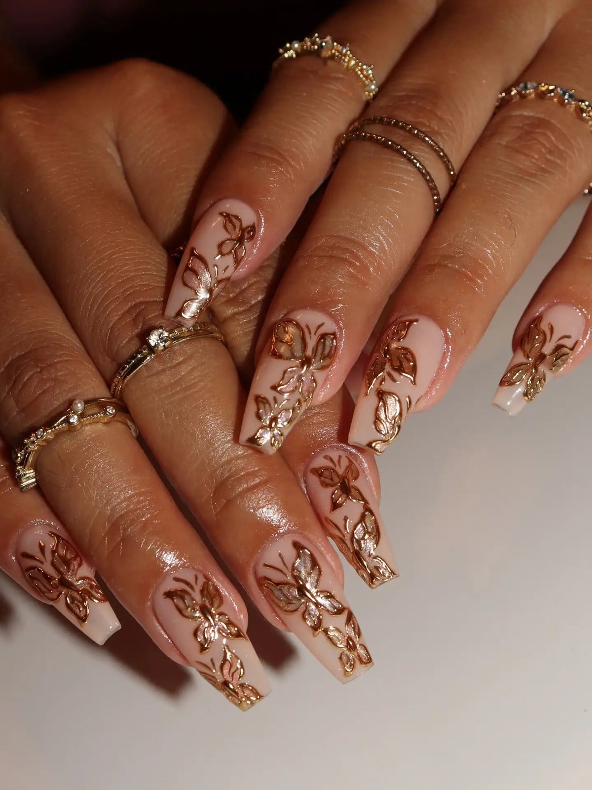 Long Coffin Nude 3D Gold Butterflies Leaves Long Coffin Nude 3D Gold Butterflies Leaves — Rose Gold Nails