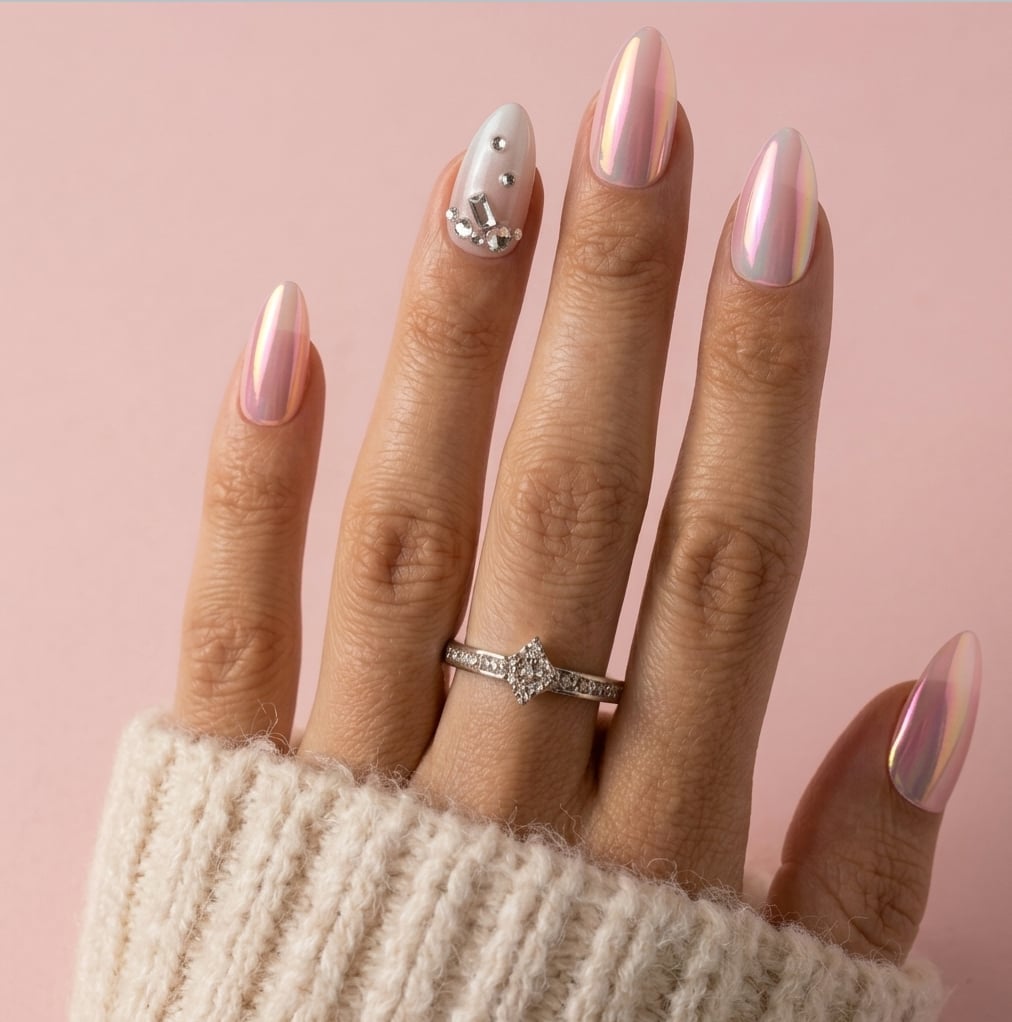 Medium Almond Iridescent Rose Gold Chrome Gems Medium Almond Iridescent Rose Gold Chrome Gems — Rose Gold Nails