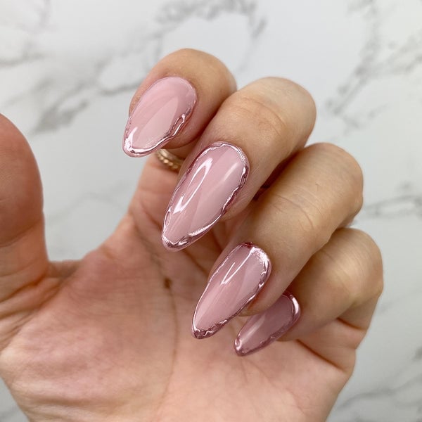Medium Almond Sheer Pink Rose Gold Frame Medium Almond Sheer Pink Rose Gold Frame — Rose Gold Nails