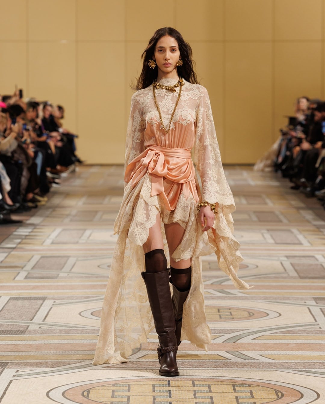Peach Lace Overlay Dress with Bell Sleeves — Runway Dresses