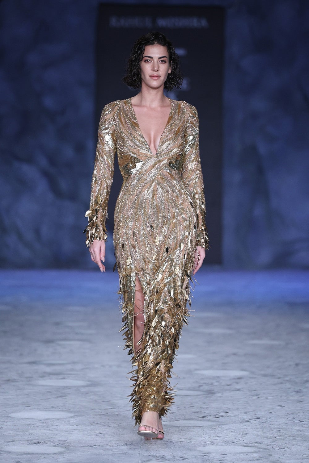 Gold Fringe Column Dress with Plunging Neckline — Runway Dresses