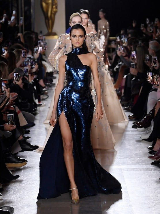 Metallic Blue Sequined Gown with High Slit — Runway Dresses