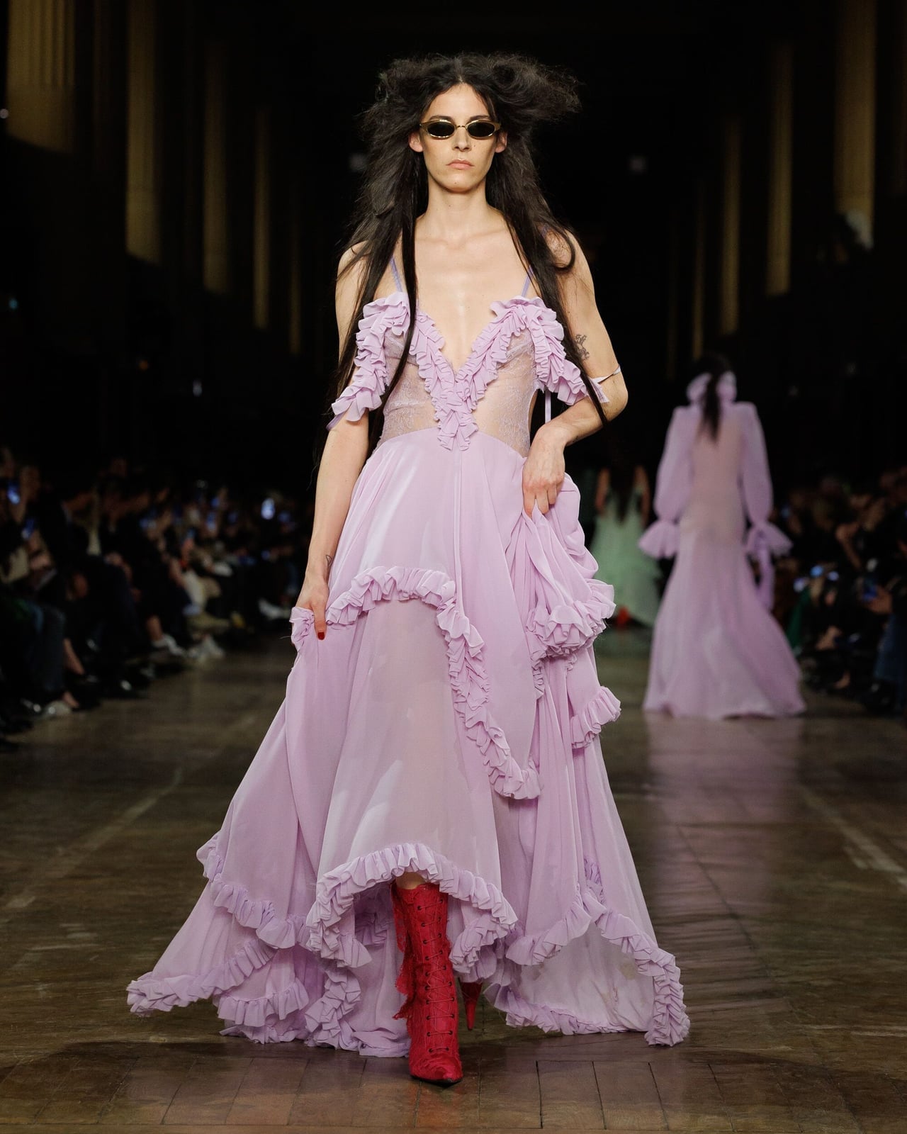 Lavender Sheer Ruffled Gown with Lace — Runway Dresses