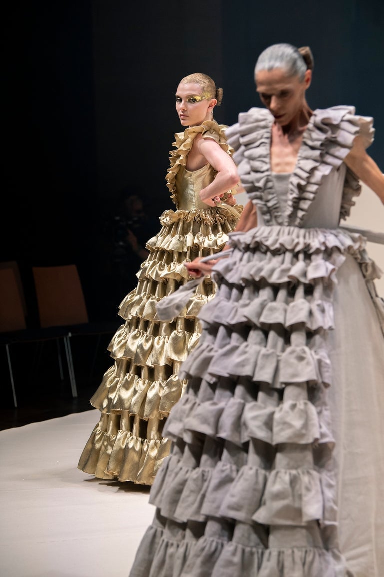Gold Tiered Ruffled Avant-Garde Dress — Runway Dresses